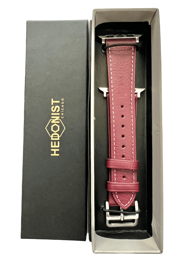 Burgundy Apple Watch band packaged in Hedonist Chicago gift box