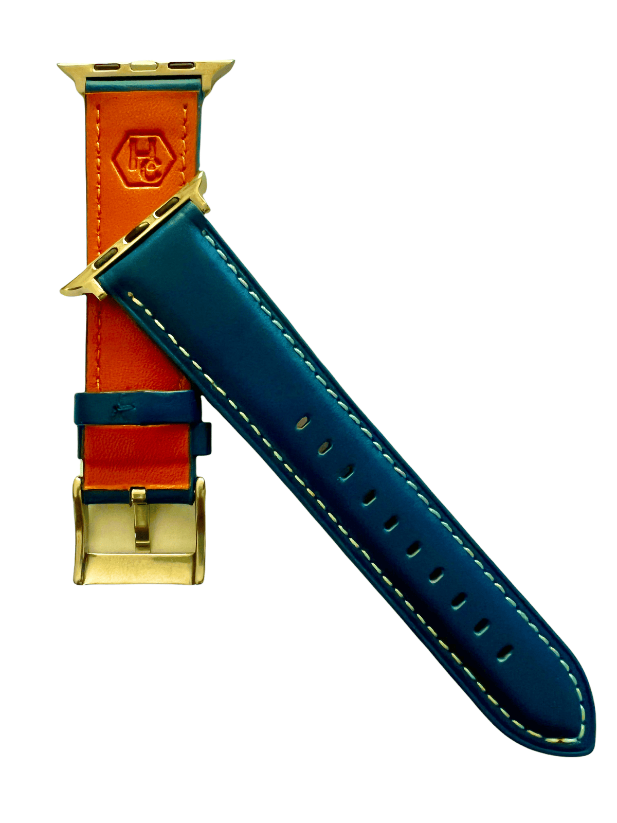 Side view of Blue padded leather Apple Watch band with stainless steel lugs | Hedonist Chicago