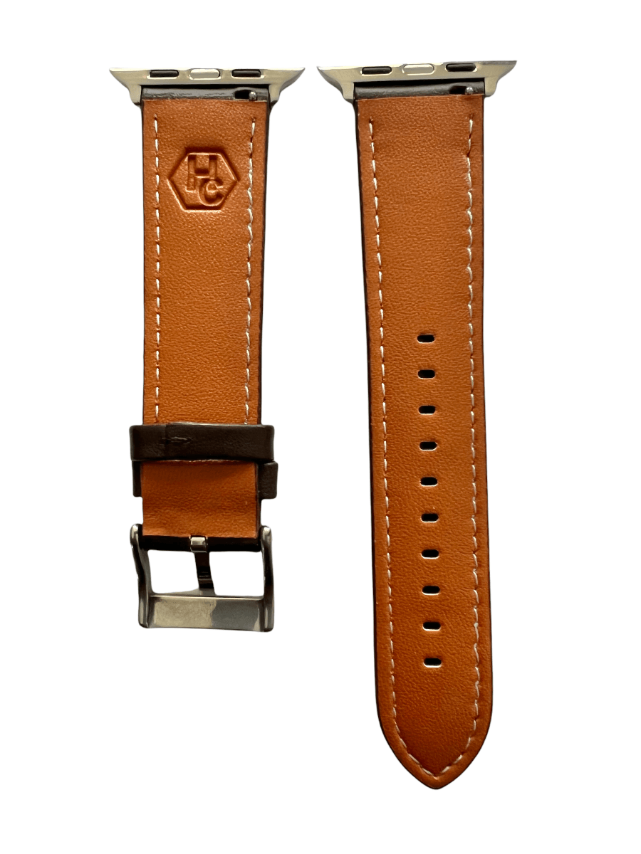 Side view of Dark brown padded leather Apple Watch band with stainless steel lugs | Hedonist Chicago