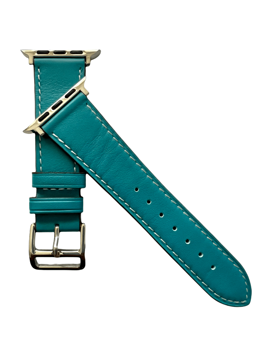 Turquoise leather Apple Watch band  detail view of texture and buckle | Hedonist Chicago