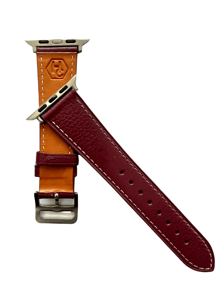 Burgundy leather Apple Watch band  detail view of texture and buckle | Hedonist Chicago