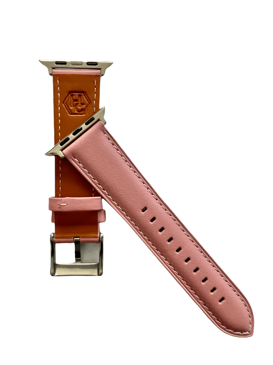Pink padded leather Apple Watch band  detail view of texture and buckle | Hedonist Chicago