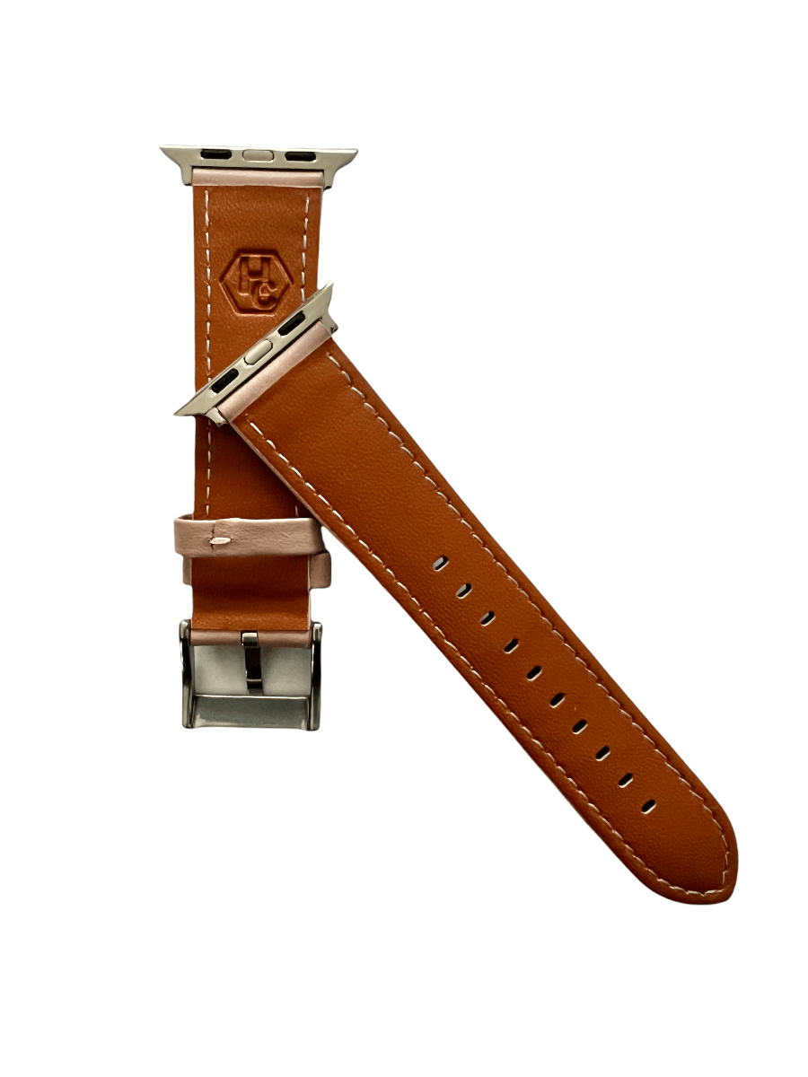 Pink beige padded leather Apple Watch band  detail view of texture and buckle | Hedonist Chicago