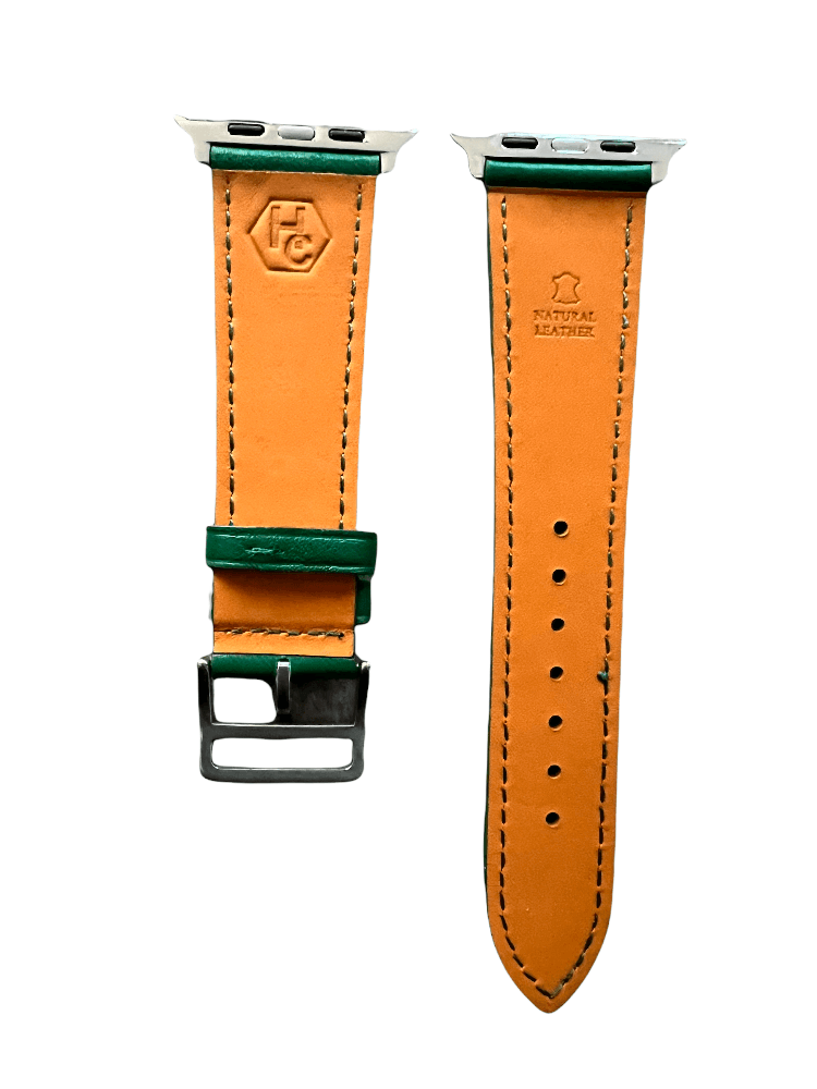 Green leather Apple Watch band  detail view of texture and buckle | Hedonist Chicago