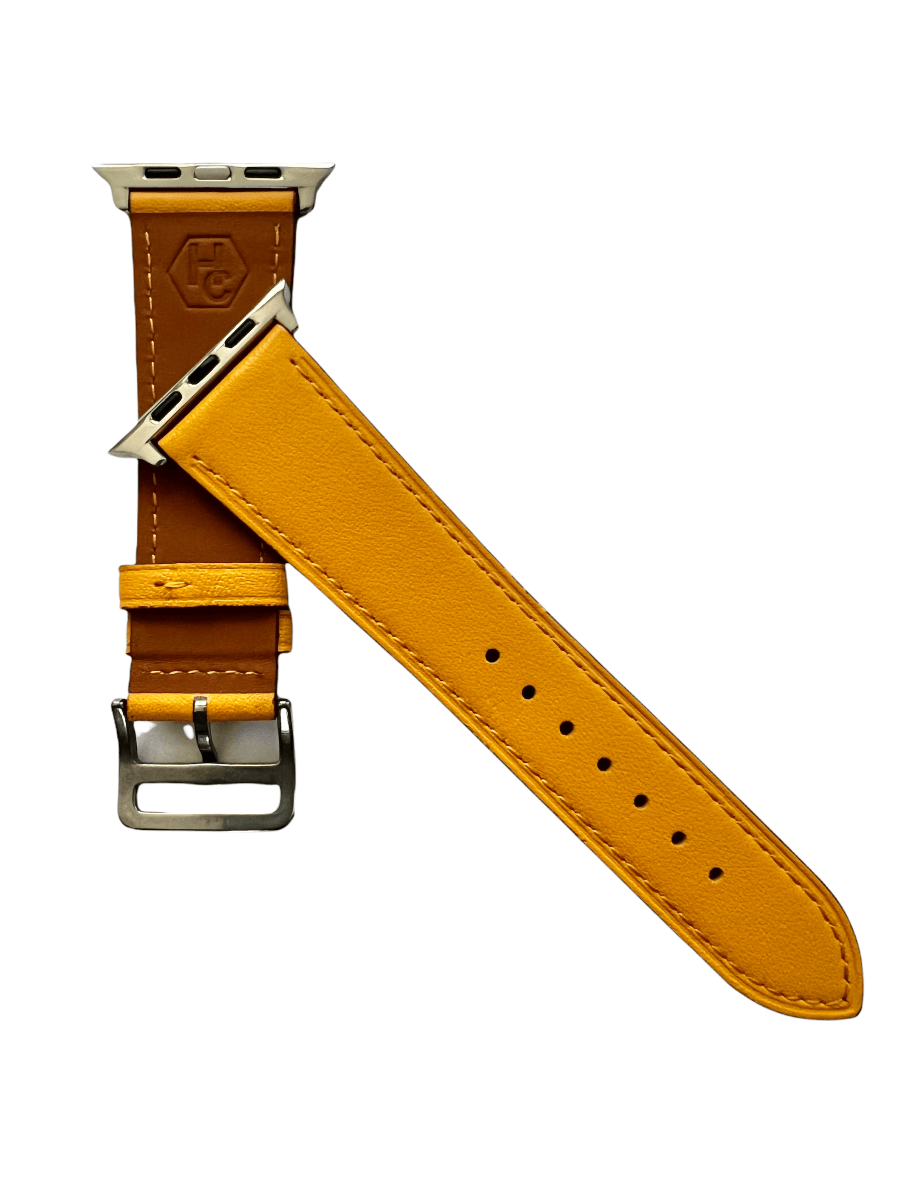 Side view of Yellow leather Apple Watch band with stainless steel lugs | Hedonist Chicago