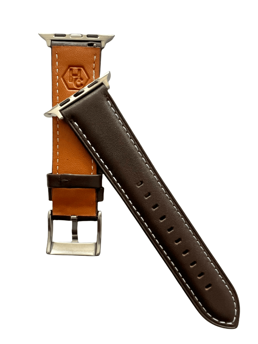 Dark brown padded leather Apple Watch band  detail view of texture and buckle | Hedonist Chicago