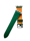 Green leather Apple Watch strap showing connector and stitching | Hedonist Chicago