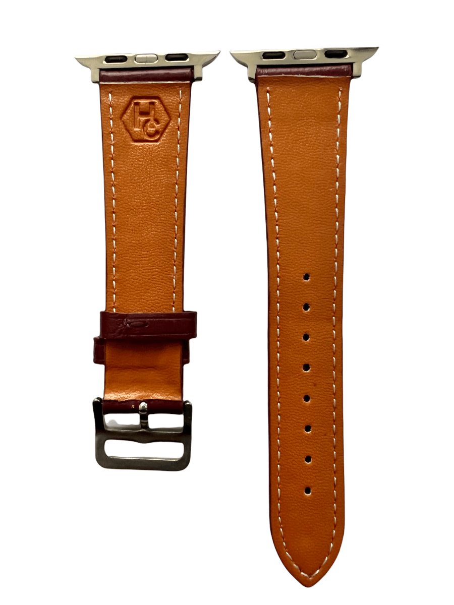 Side view of Burgundy leather Apple Watch band with stainless steel lugs | Hedonist Chicago