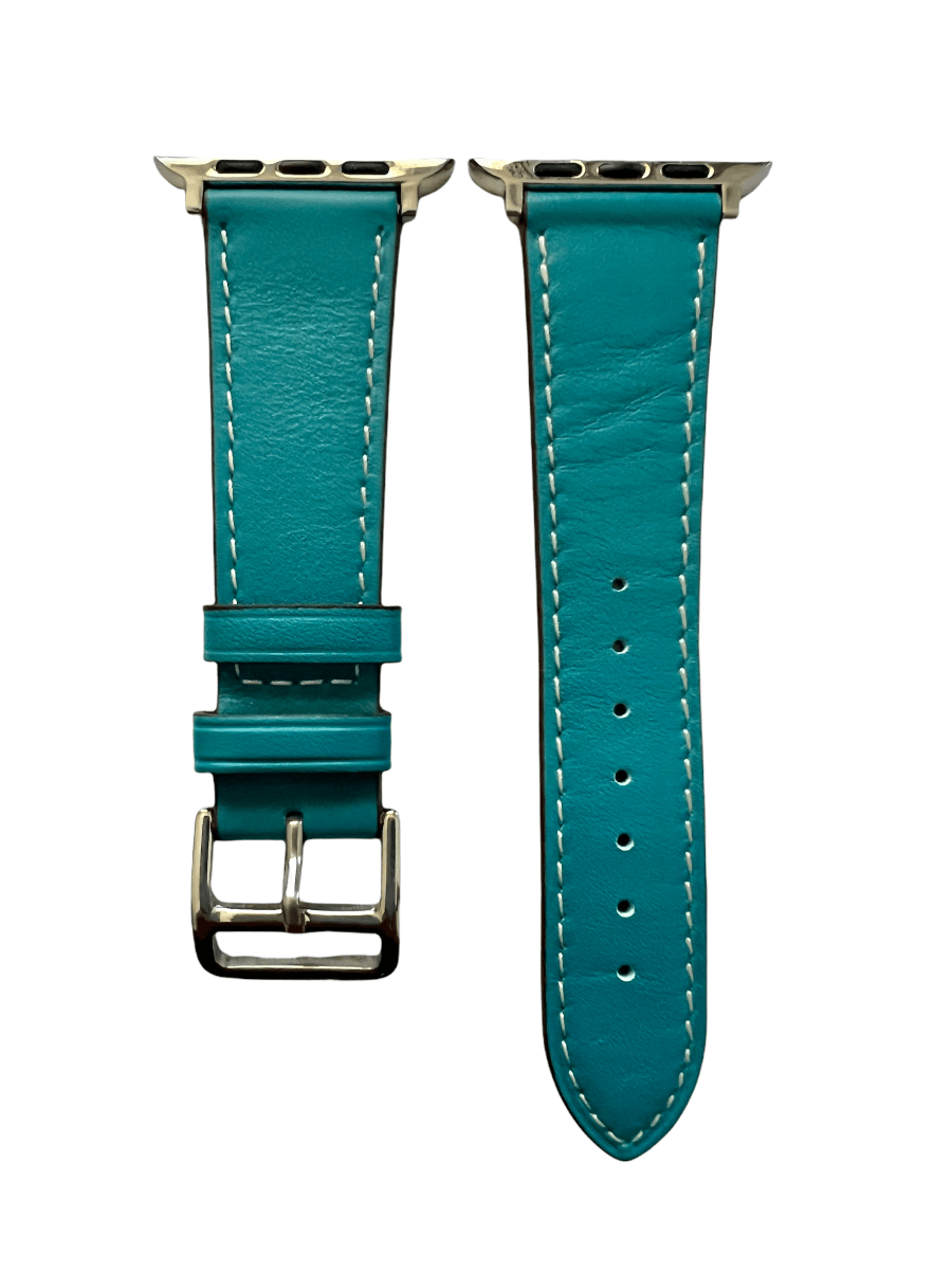 Turquoise leather Apple Watch band  two-piece strap with buckle and holes | Hedonist Chicago