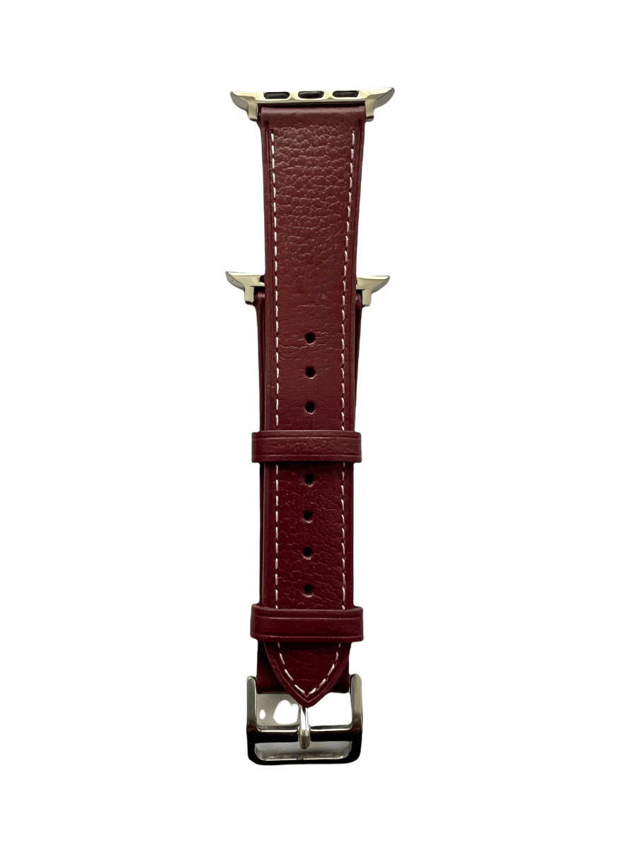 Burgundy leather Apple Watch strap showing connector and stitching | Hedonist Chicago