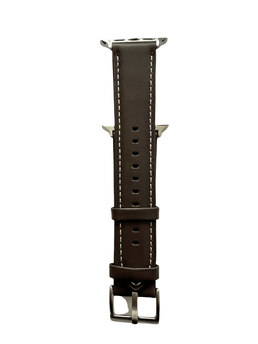 Dark brown padded leather Apple Watch strap showing connector and stitching | Hedonist Chicago