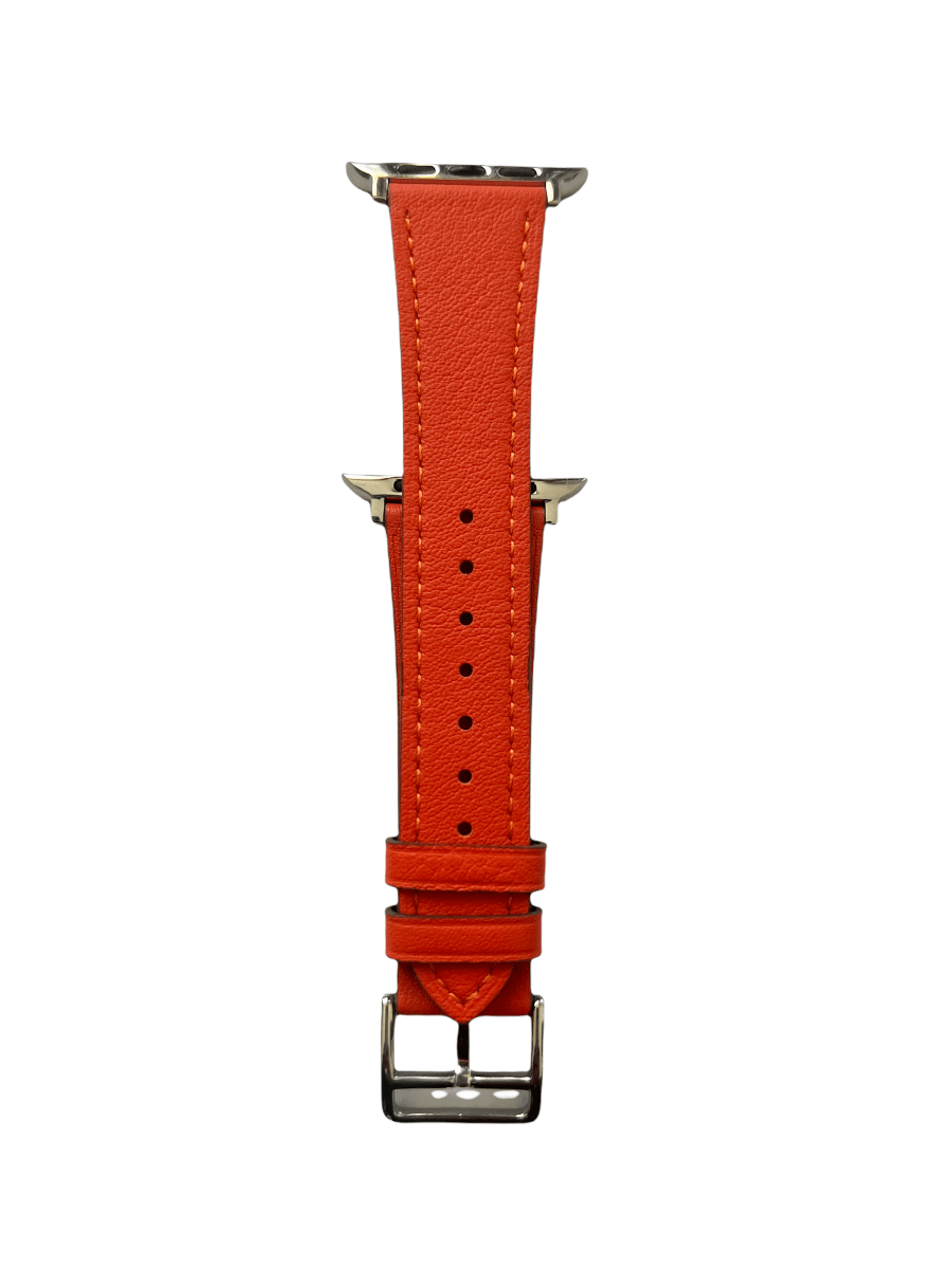 Cold orange leather Apple Watch strap showing connector and stitching | Hedonist Chicago