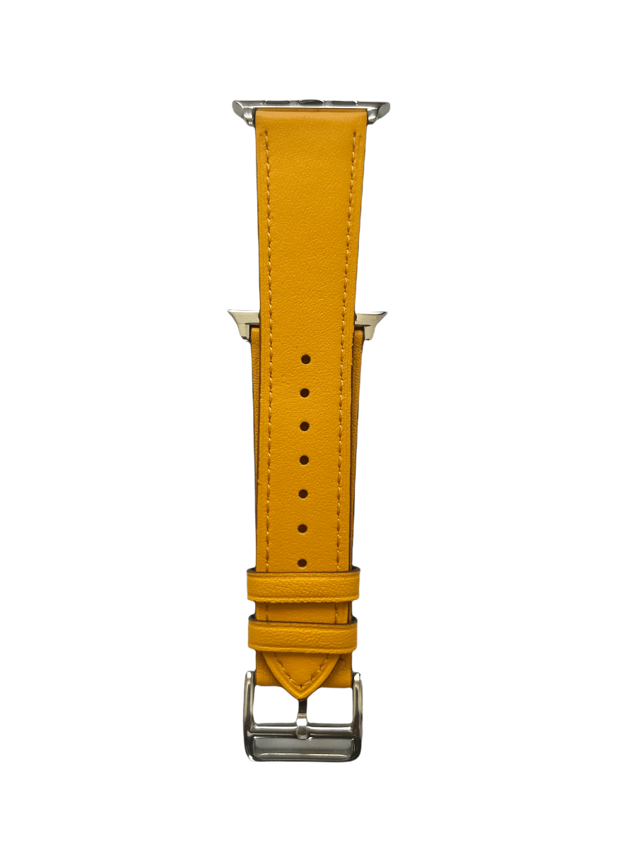 Yellow leather Apple Watch strap showing connector and stitching | Hedonist Chicago