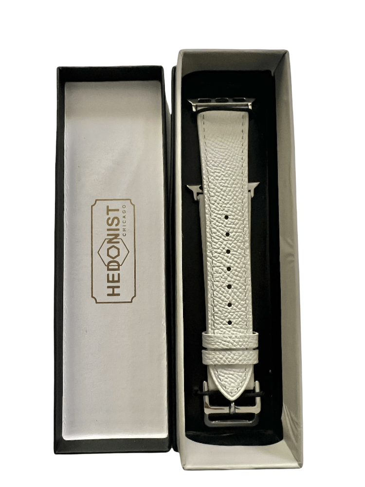 White Apple Watch band presented in Hedonist Chicago gift box