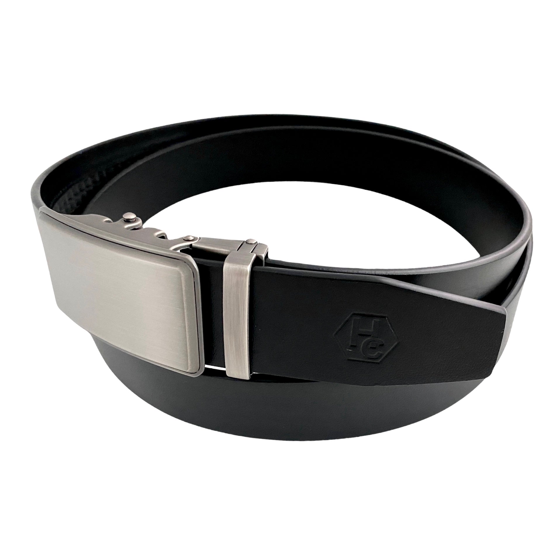 1.38" Genuine Leather Black Smooth Strap And 1.38" Automatic Buckle Silver