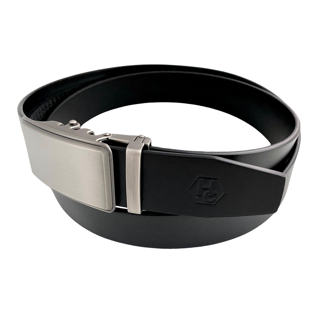  Men's Black Leather Ratchet Belt | Hedonist Chicago side view