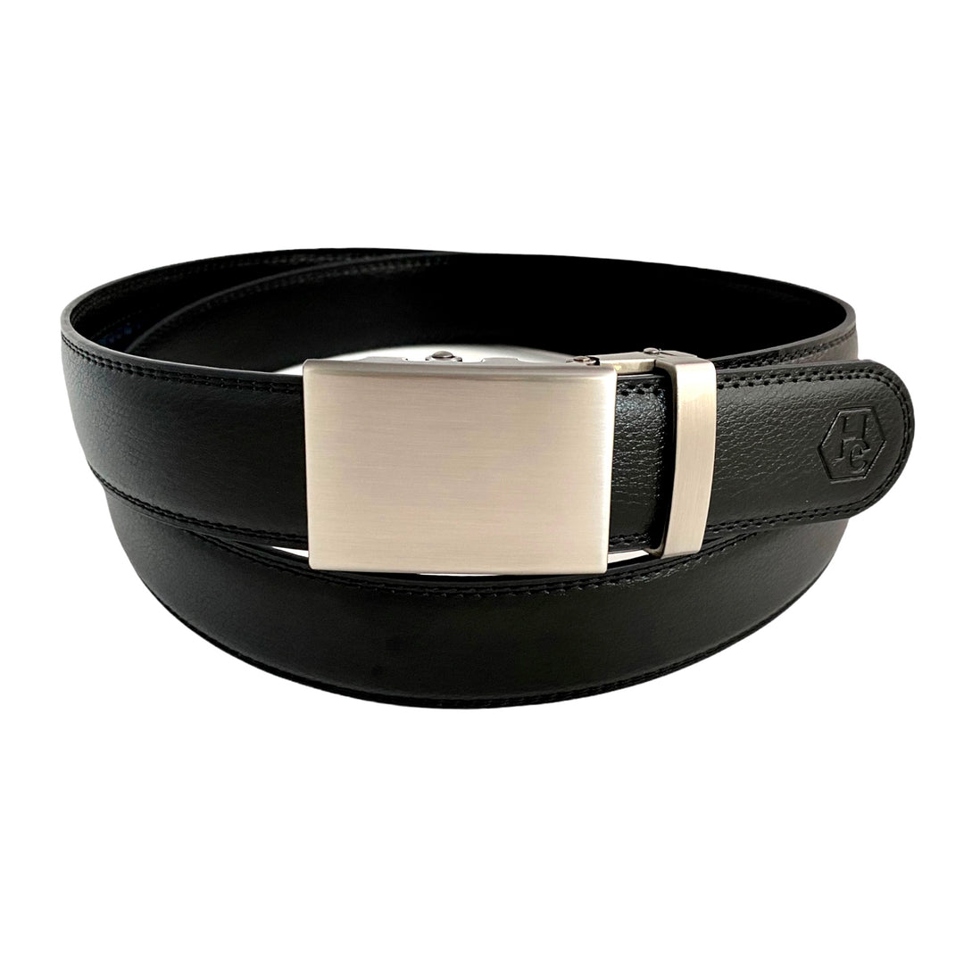 Black Leather Belt with Stitched Edges and Plate Ratchet Buckle 1.38” by Hedonist Chicago main veiw