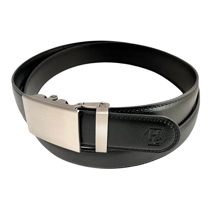 Black Leather Belt with Stitched Edges and Plate Ratchet Buckle 1.38” by Hedonist Chicago side view