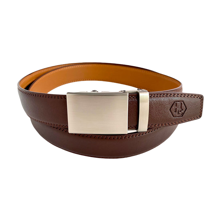 Red Brown Leather Belt | Rectangular Gun Metal Buckle | Hedonist Chicago