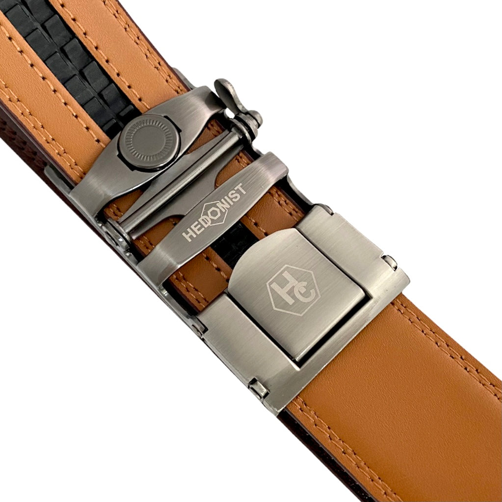 Red Brown Leather Belt | Rectangular Gun Metal Buckle 2 | Hedonist Chicago