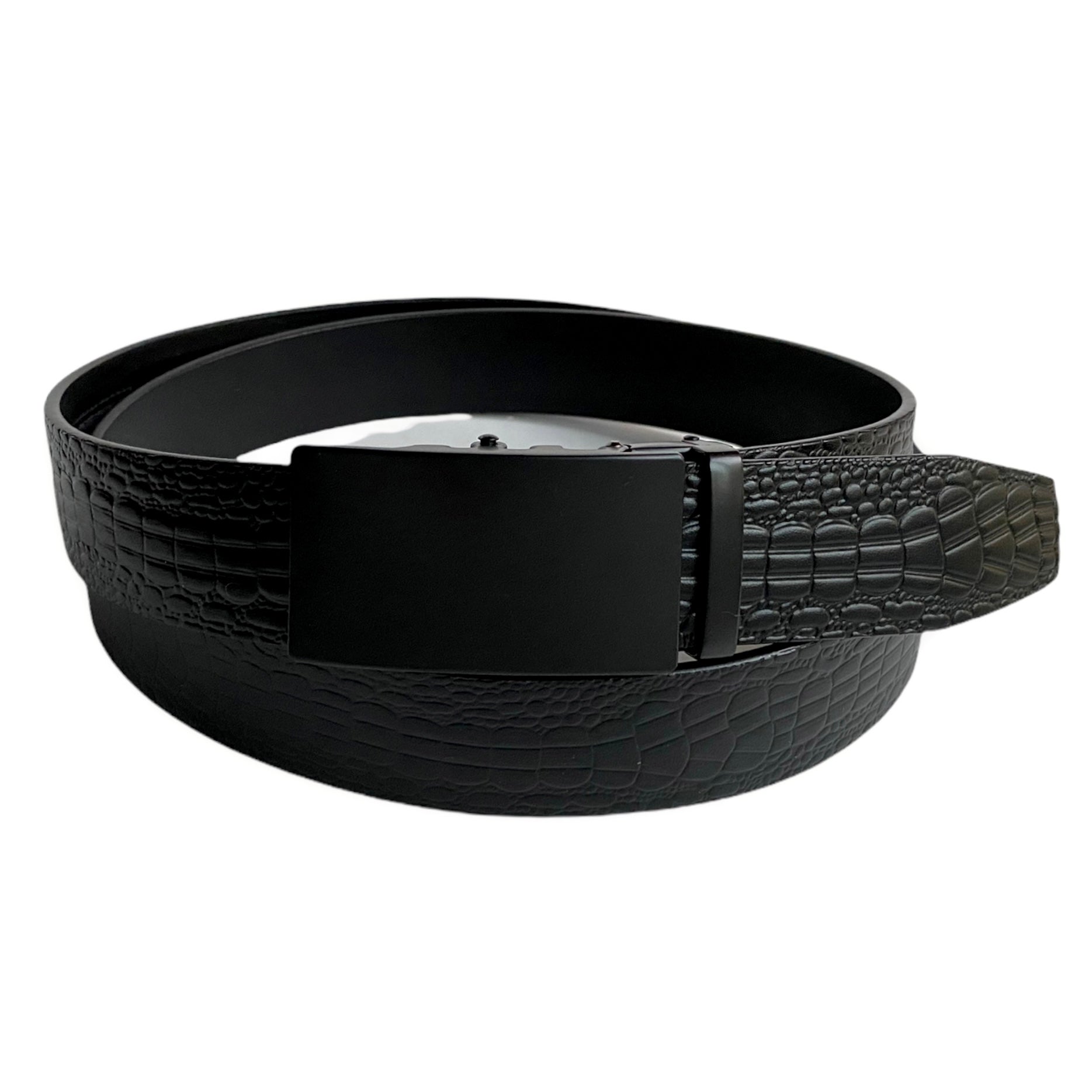 1.38" Genuine Leather Black Textured Strap And 1.38" Automatic Belt Buckle Black