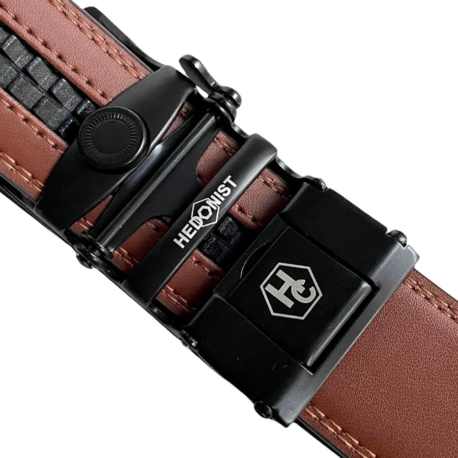 1.38" Genuine Leather Brown Strap And 1.38" Automatic Belt Buckle Black