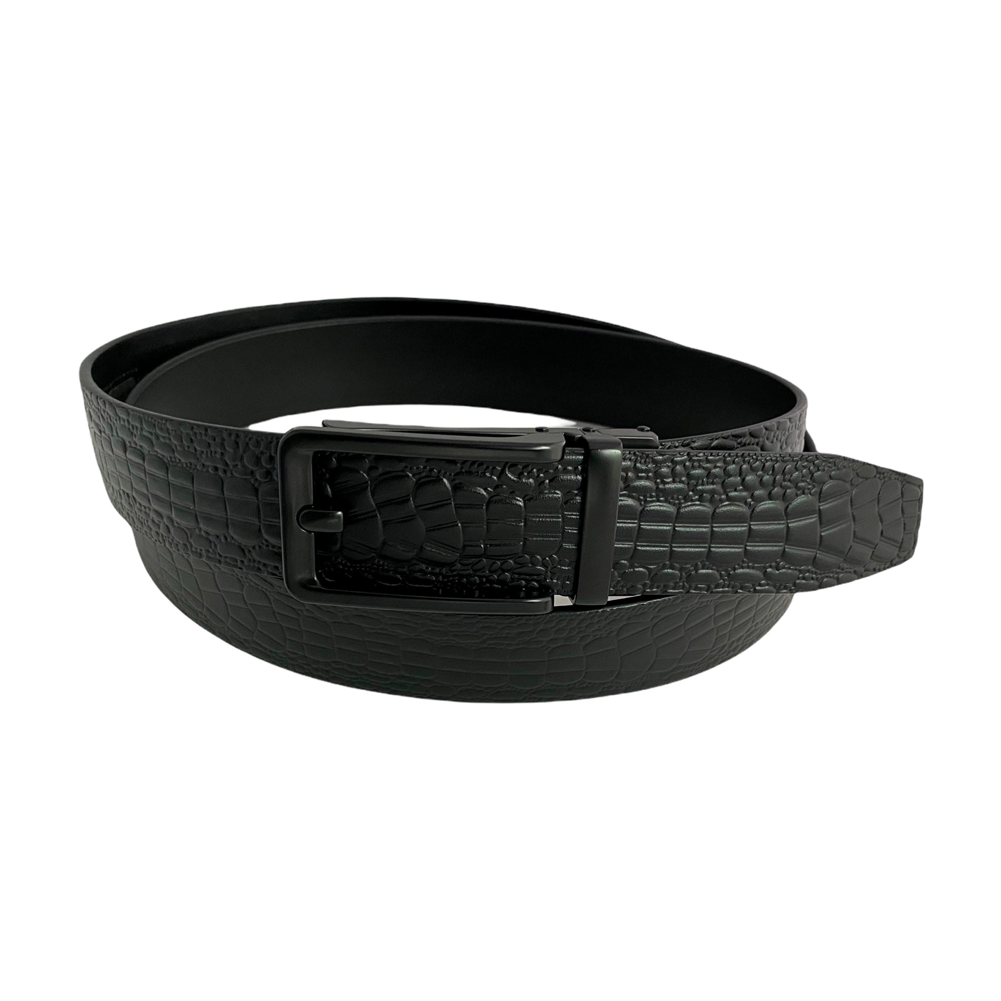 1.38" Genuine Leather Black Textured Strap And 1.38" Automatic Buckle Black Hollow