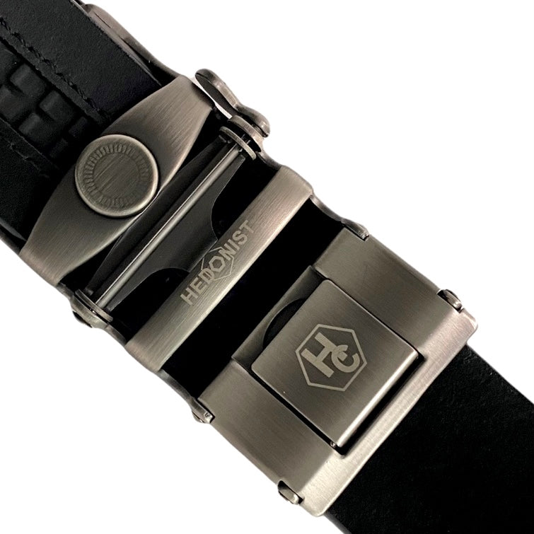 1.38" Genuine Leather Black Smooth Strap And 1.38" Automatic Belt Buckle Gun Metal Hollow 24711194968215
