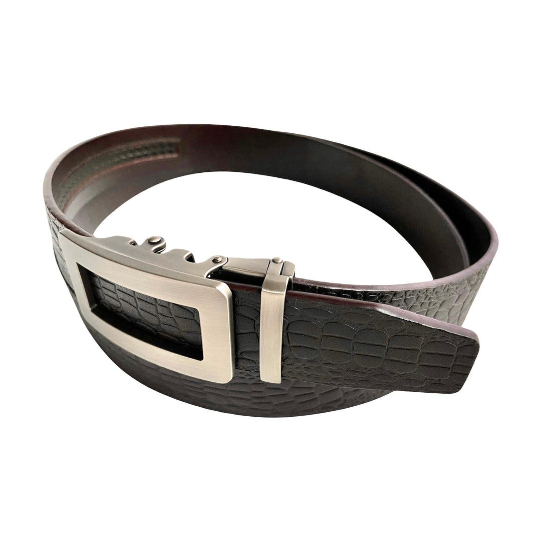 Men's Dark Brown Embossed Leather Ratchet Belt (1.38 inches) - side view