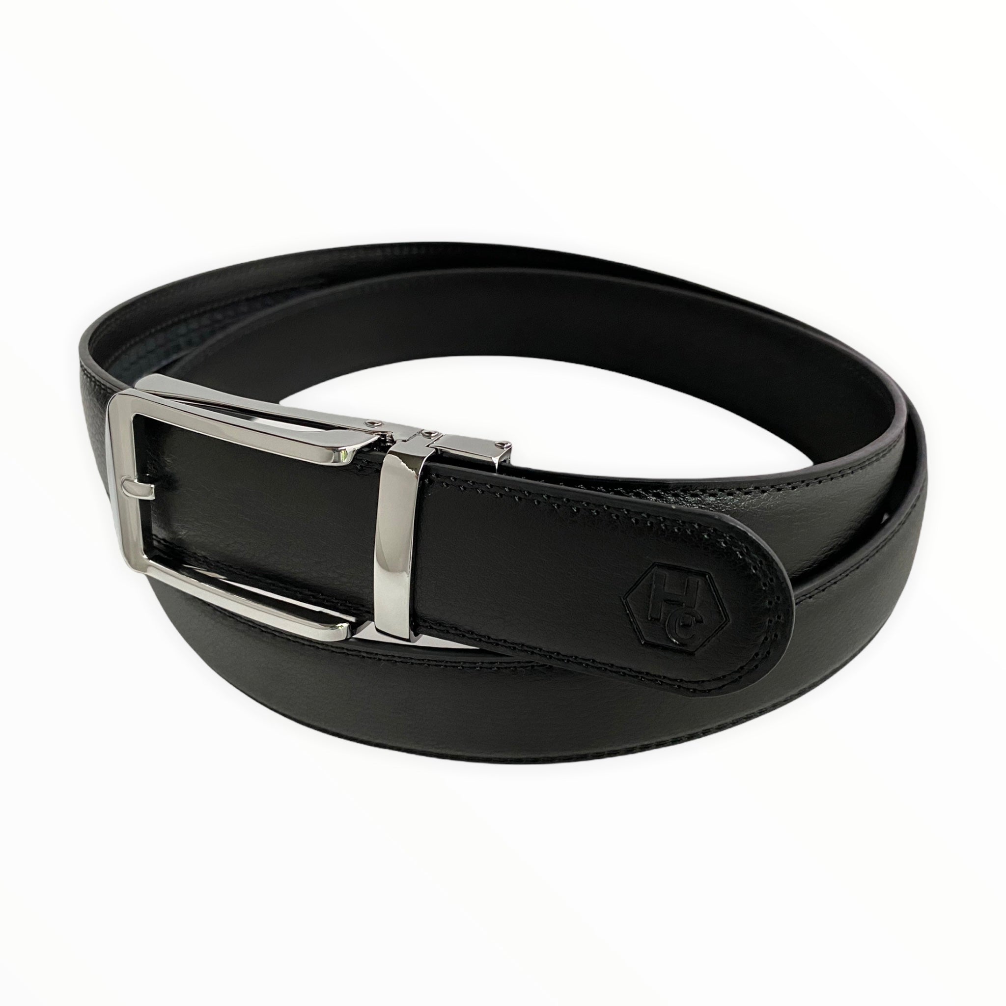 1.38" Genuine Leather Black Strap And 1.38" Automatic Buckle Silver Hollow