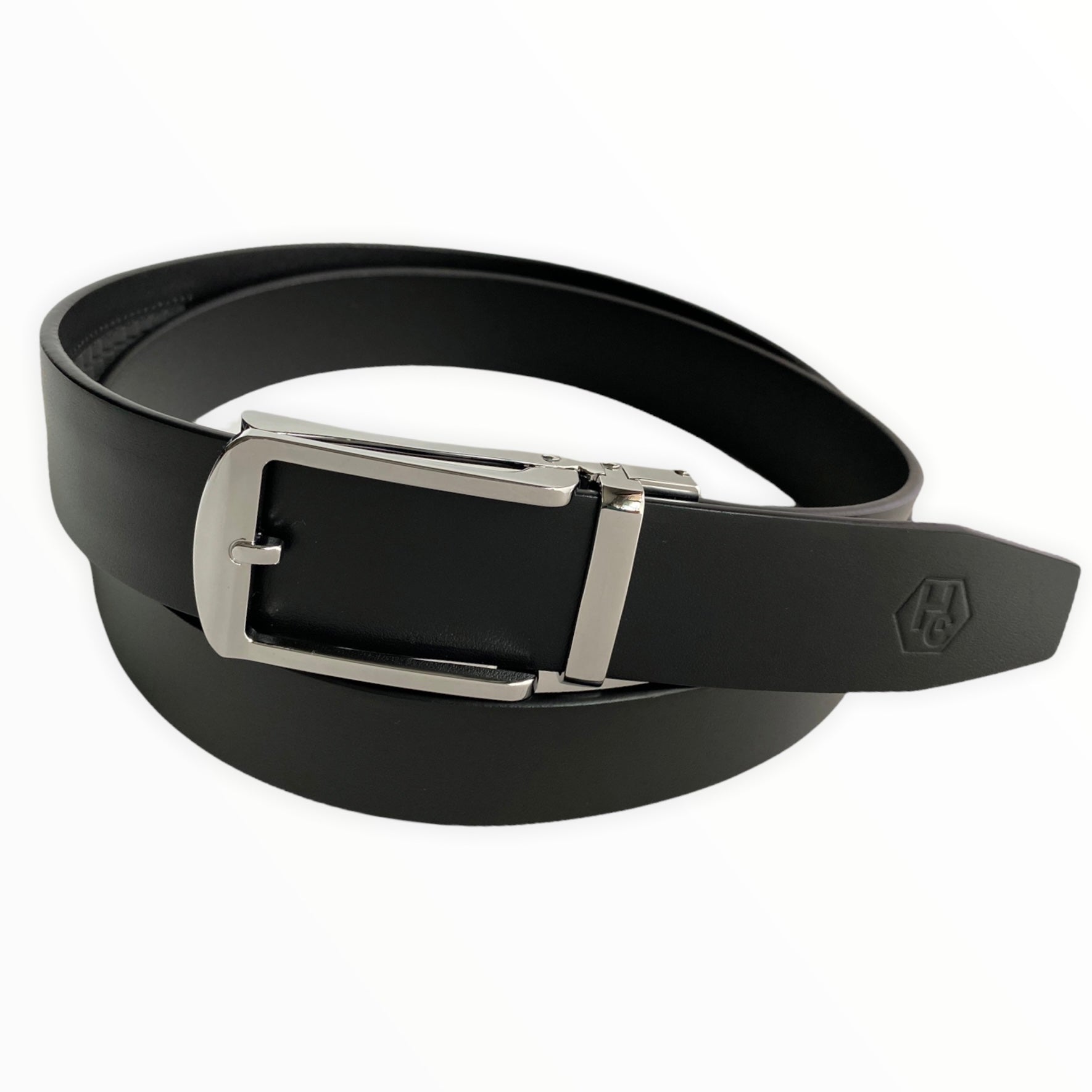 1.38" Genuine Leather Black Smooth Strap And 1.38" Automatic Buckle Silver Hollow