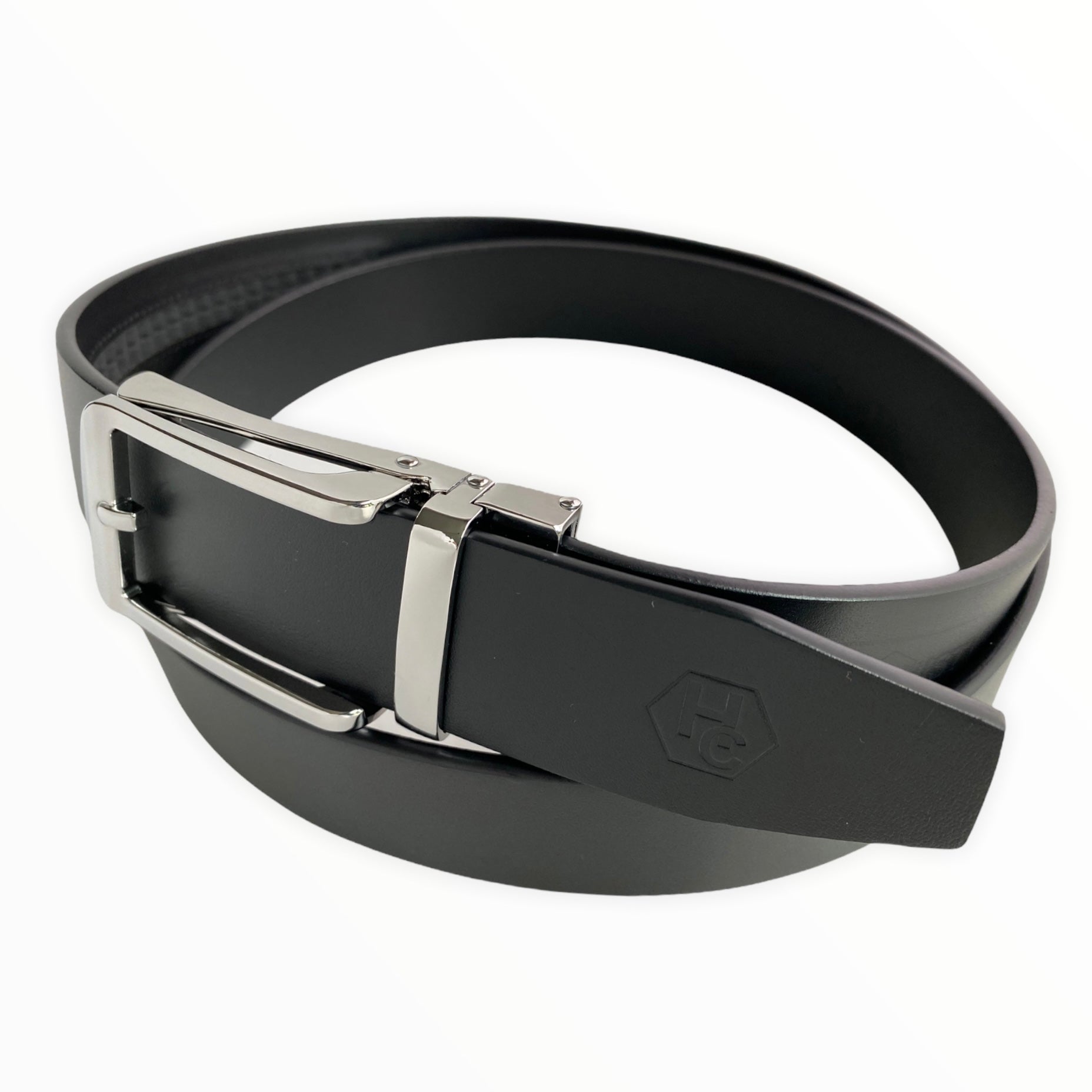 1.38" Genuine Leather Black Smooth Strap And 1.38" Automatic Buckle Silver Hollow 24717671661719