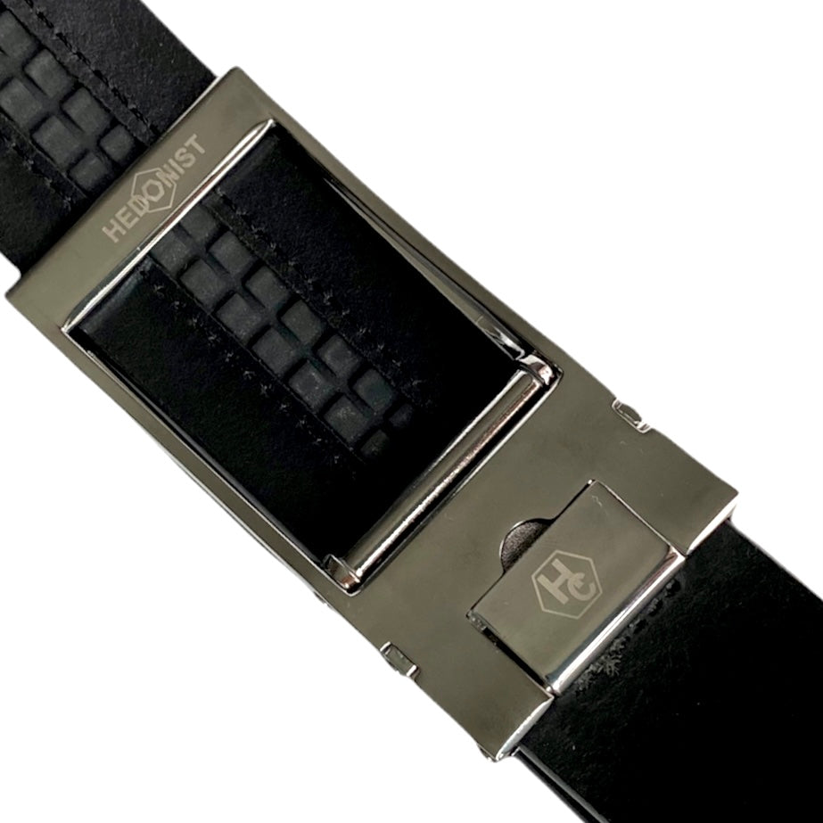 1.38" Genuine Leather Black Textured Strap And 1.38" Automatic Buckle Silver Hollow 24717685751959