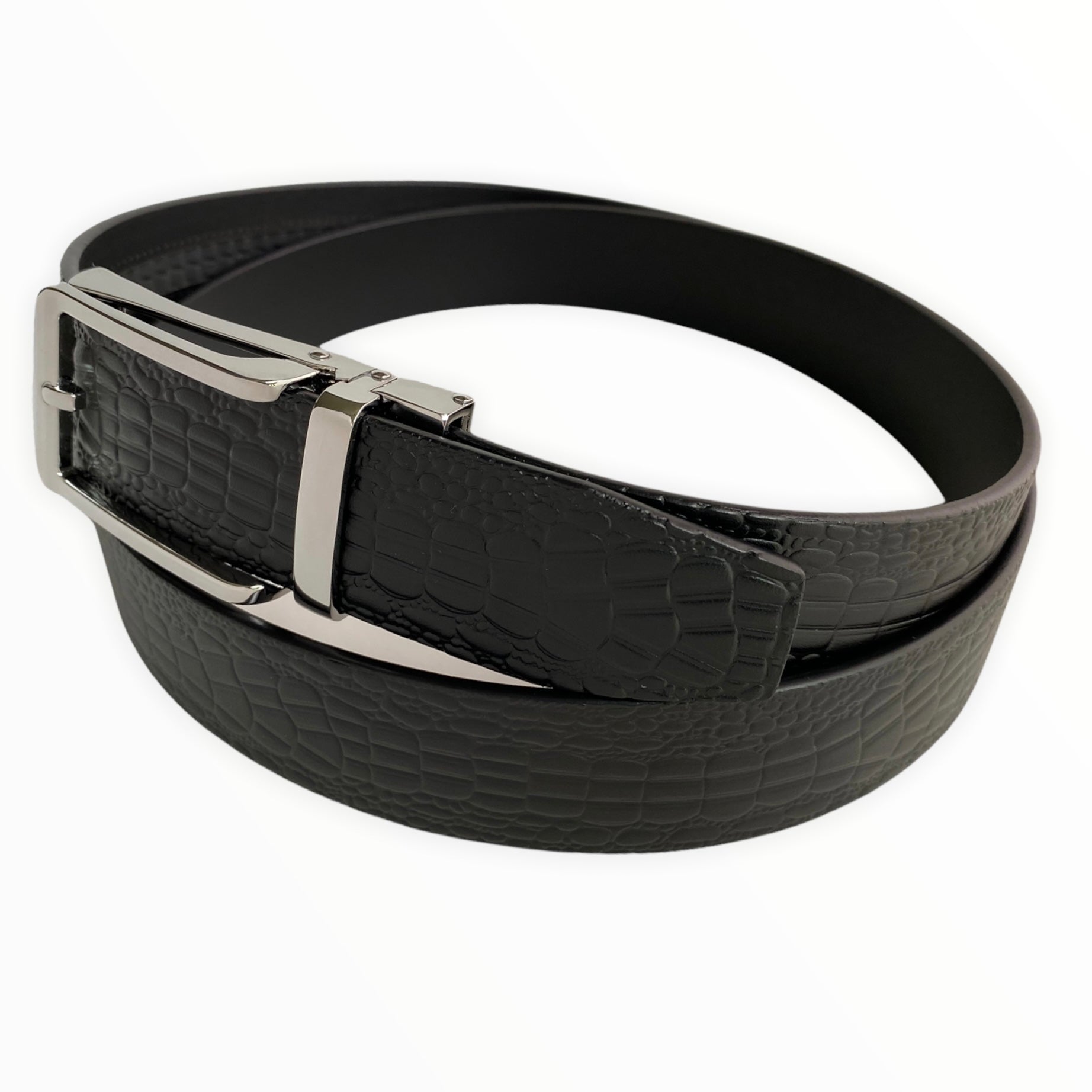 1.38" Genuine Leather Black Textured Strap And 1.38" Automatic Buckle Silver Hollow 24717685817495