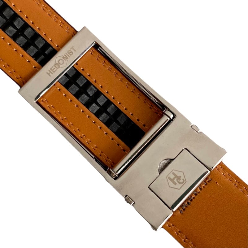 1.38" Genuine Leather Red Brown Strap & Automatic Buckle Silver Hollow