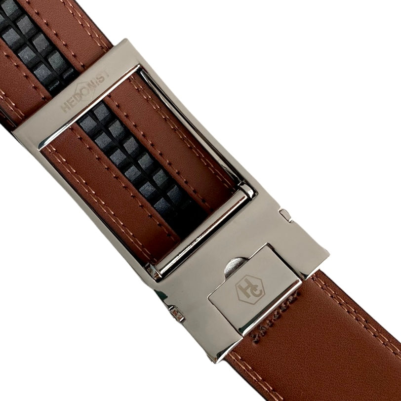 1.38" Genuine Leather Brown Strap And 1.38" Automatic Buckle Silver Hollow 24717715275927