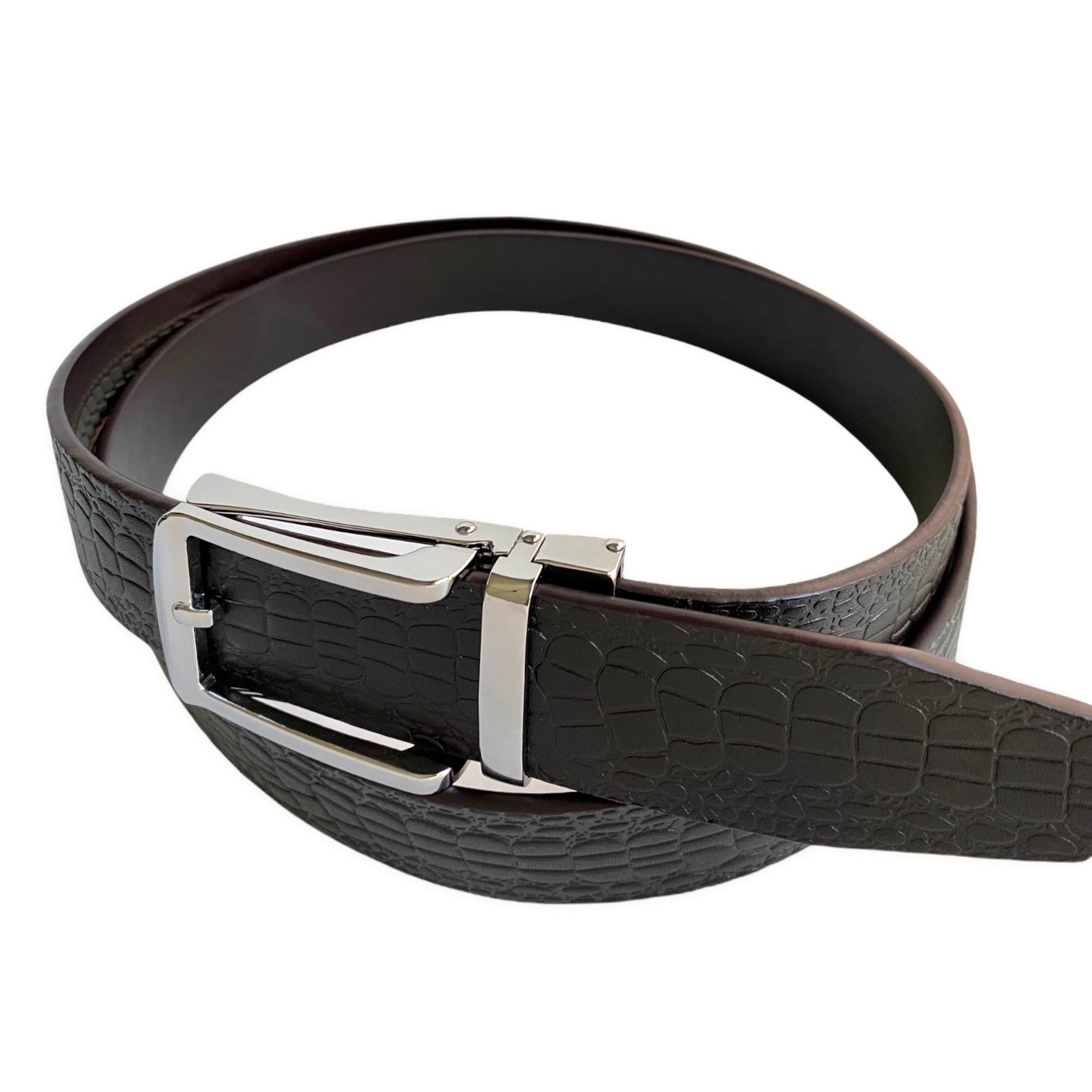1.38" Genuine Leather Dark Brown Textured Strap And 1.38" Automatic Buckle Silver Hollow