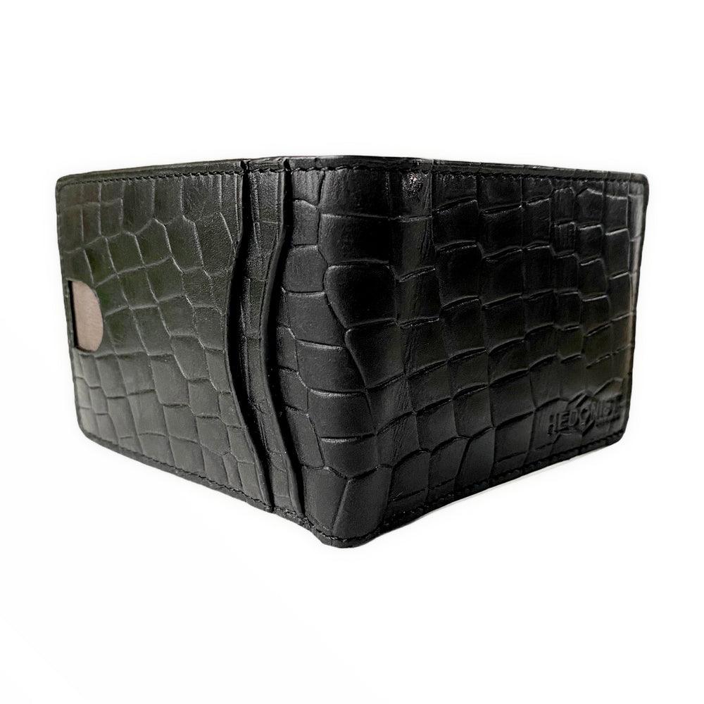 Ultra slim bifold wallet and black croc embossed leather belt set view 3 - Hedonist Chicago