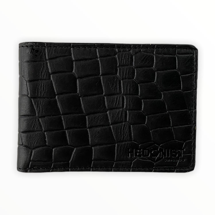 Ultra Slim Bifold Wallet + Genuine Leather Belt Black Croc Embossed