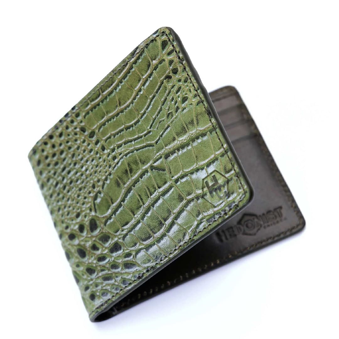 Green Bifold Men's Wallet in Croc-Embossed Leather from Hedonist Chicago