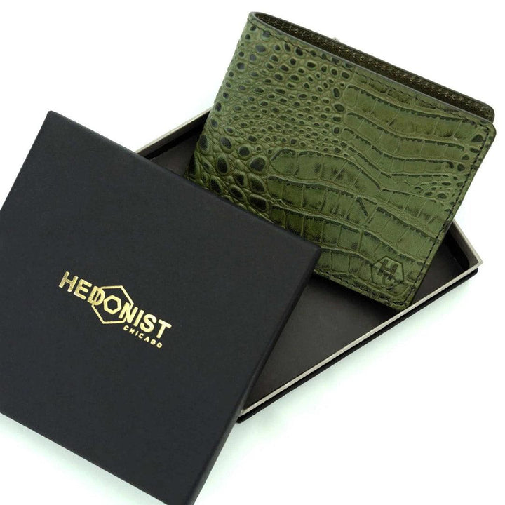 Green Bifold Men's Wallet in Croc-Embossed Leather - gift for men under $100