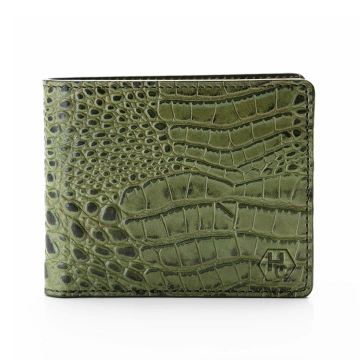 Green Bifold Men's Wallet in Croc-Embossed Leather