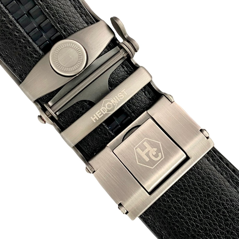 Casual Black Leather Ratchet Belt for Men 1.38" Silver Buckle by Hedonist Chicago main view buckle view