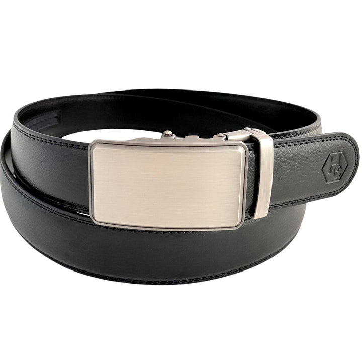 Casual Black Leather Ratchet Belt for Men 1.38" Silver Buckle by Hedonist Chicago main view