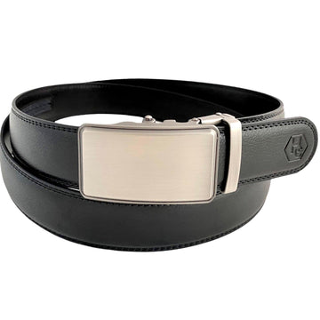 Casual Black Leather Ratchet Belt for Men 1.38" Silver Buckle