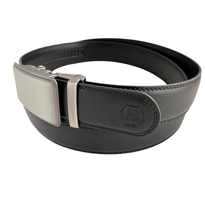 Casual Black Leather Ratchet Belt for Men 1.38" Silver Buckle by Hedonist Chicago main view side view