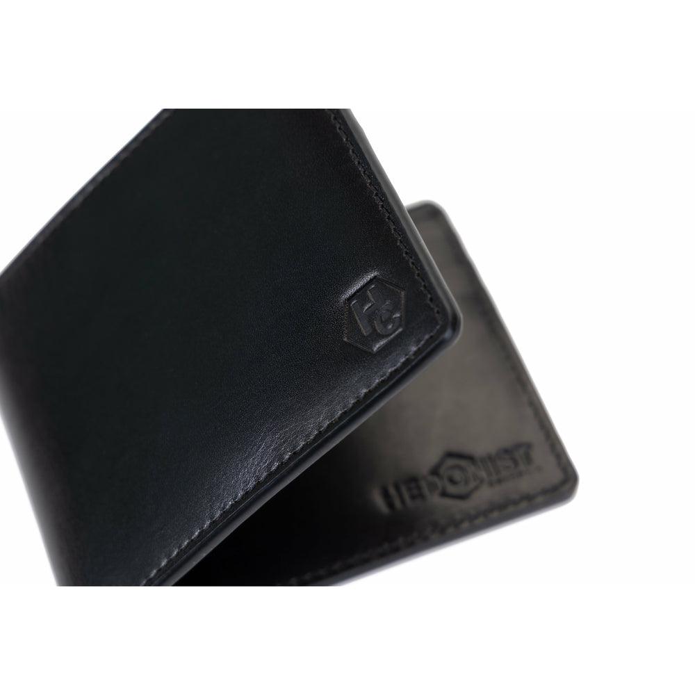Black leather bifold and traveler wallet gift set by Hedonist Chicago