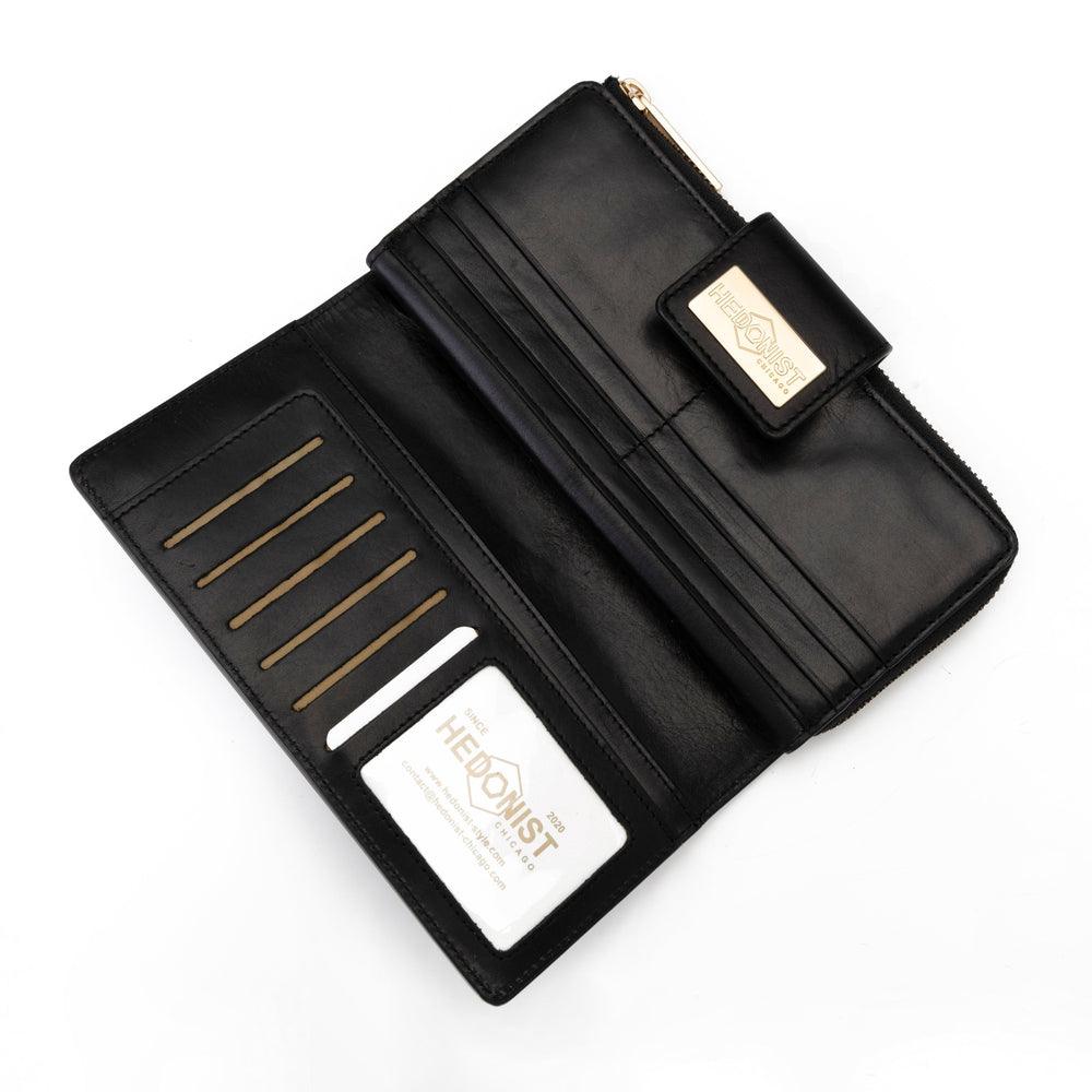 Black leather bifold and traveler wallet gift set by Hedonist Chicago