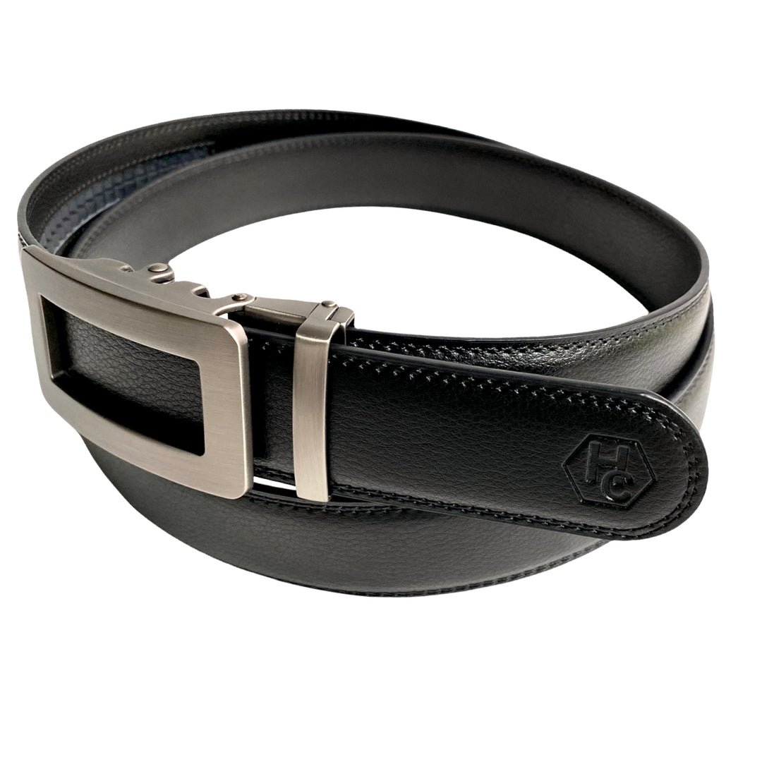 Men's Black Leather Ratchet Belt - Casual 1.38" by Hedonist Chicago side view