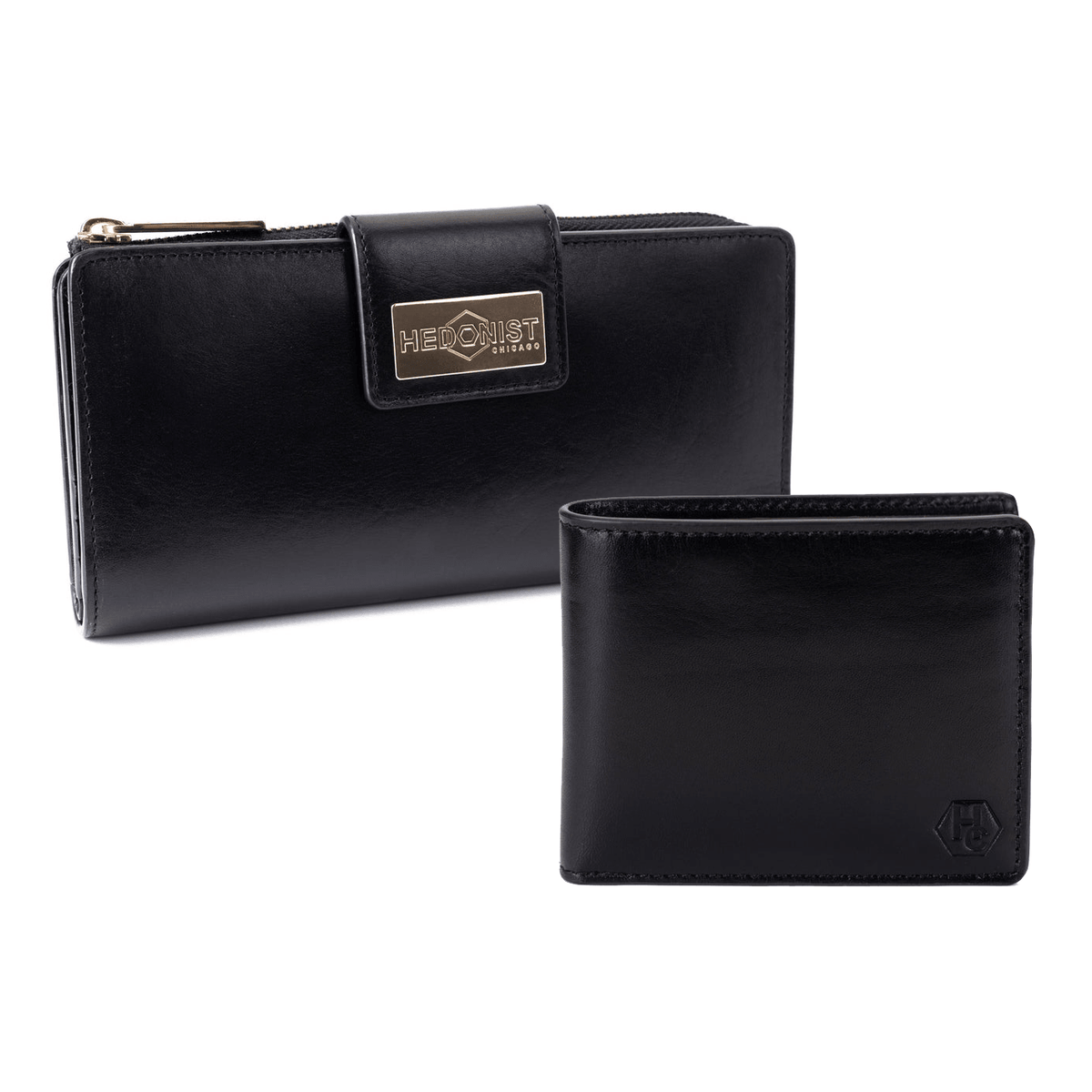 Black leather bifold and traveler wallet gift set by Hedonist Chicago